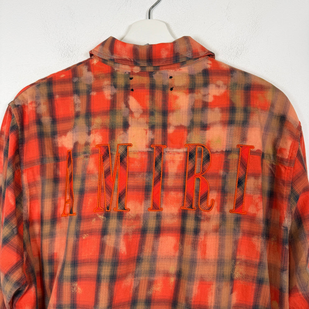 Amiri Orange Bleached Distressed Logo Flannel Shirt Size L