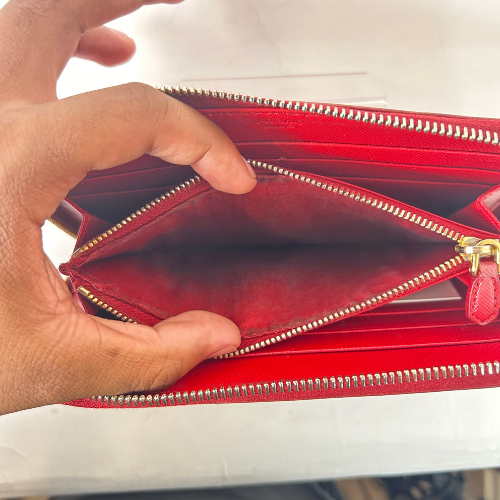 Prada Red Saffiano Zip Around Wallet