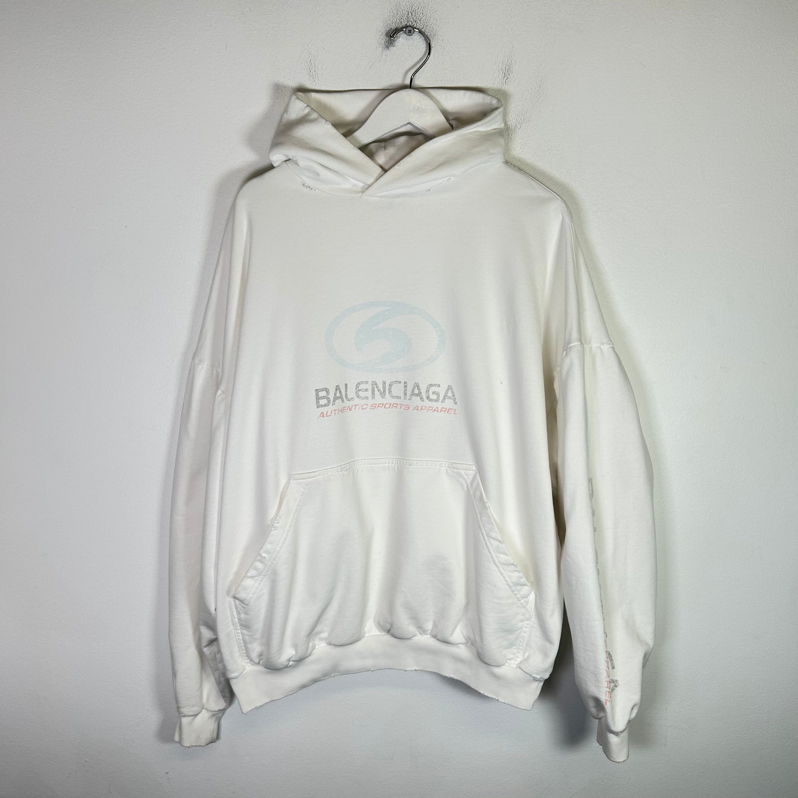Balenciaga White Faded Surfer Logo Distressed Hoodie Size 1