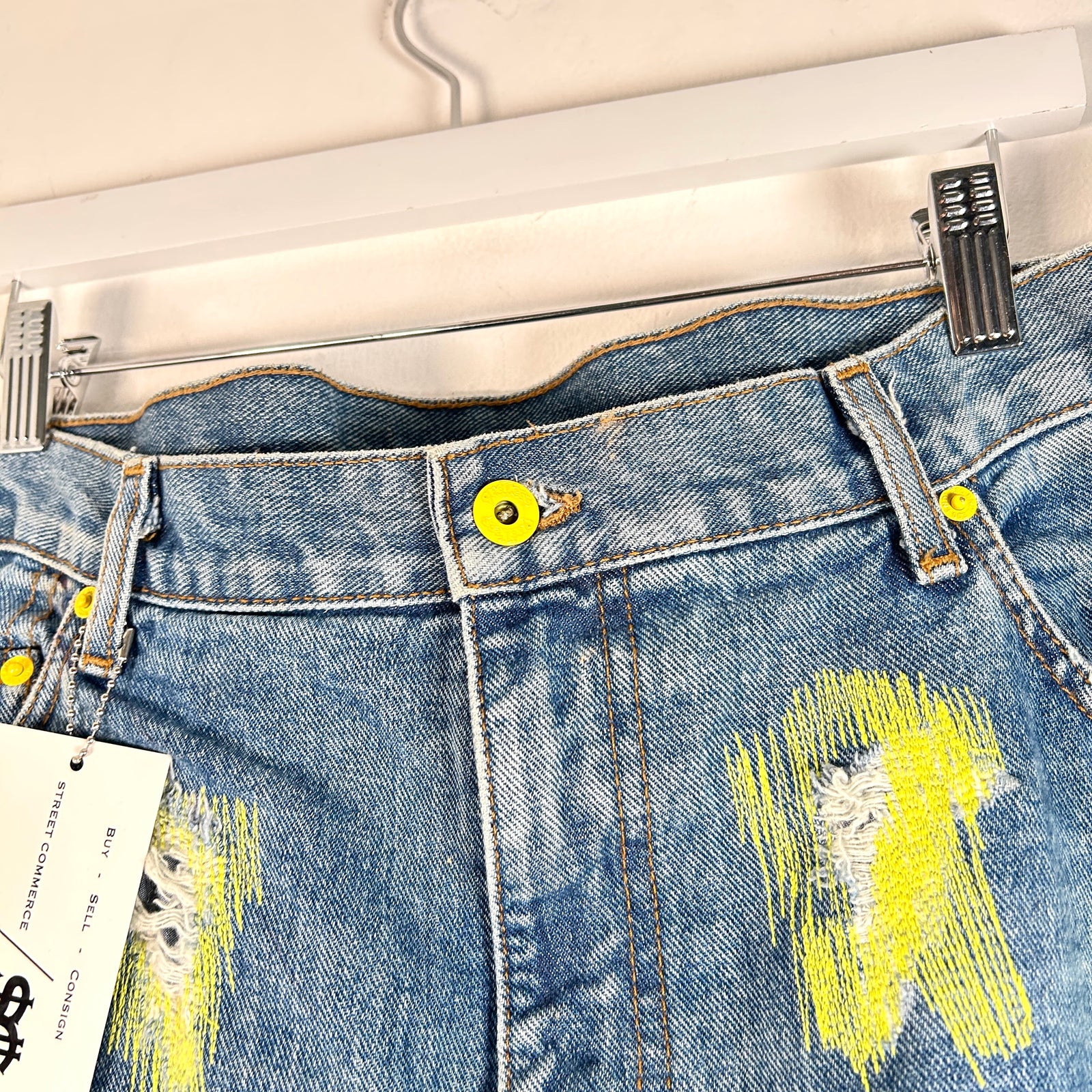 Endless Denim Distressed Scar Stitch Yellow Embroidery Jeans Size 40