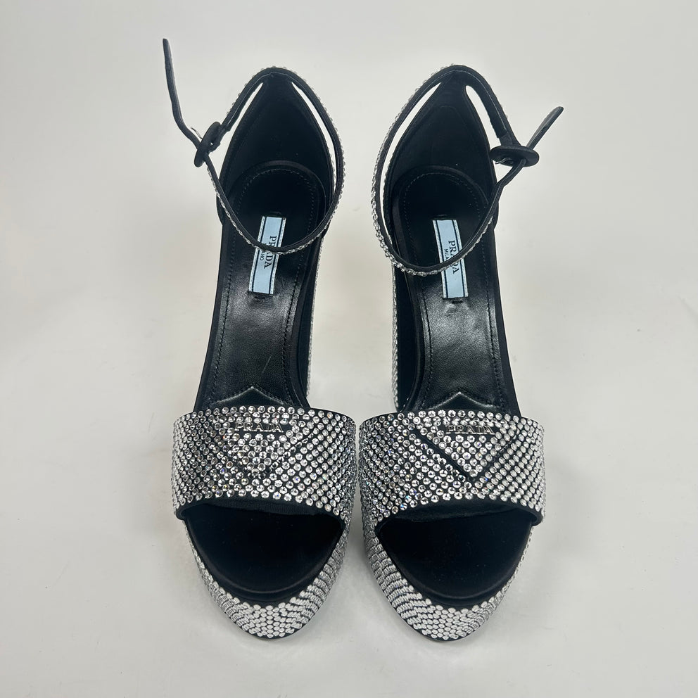 Prada Satin Crystal Embellished Platform Sandals Size 38