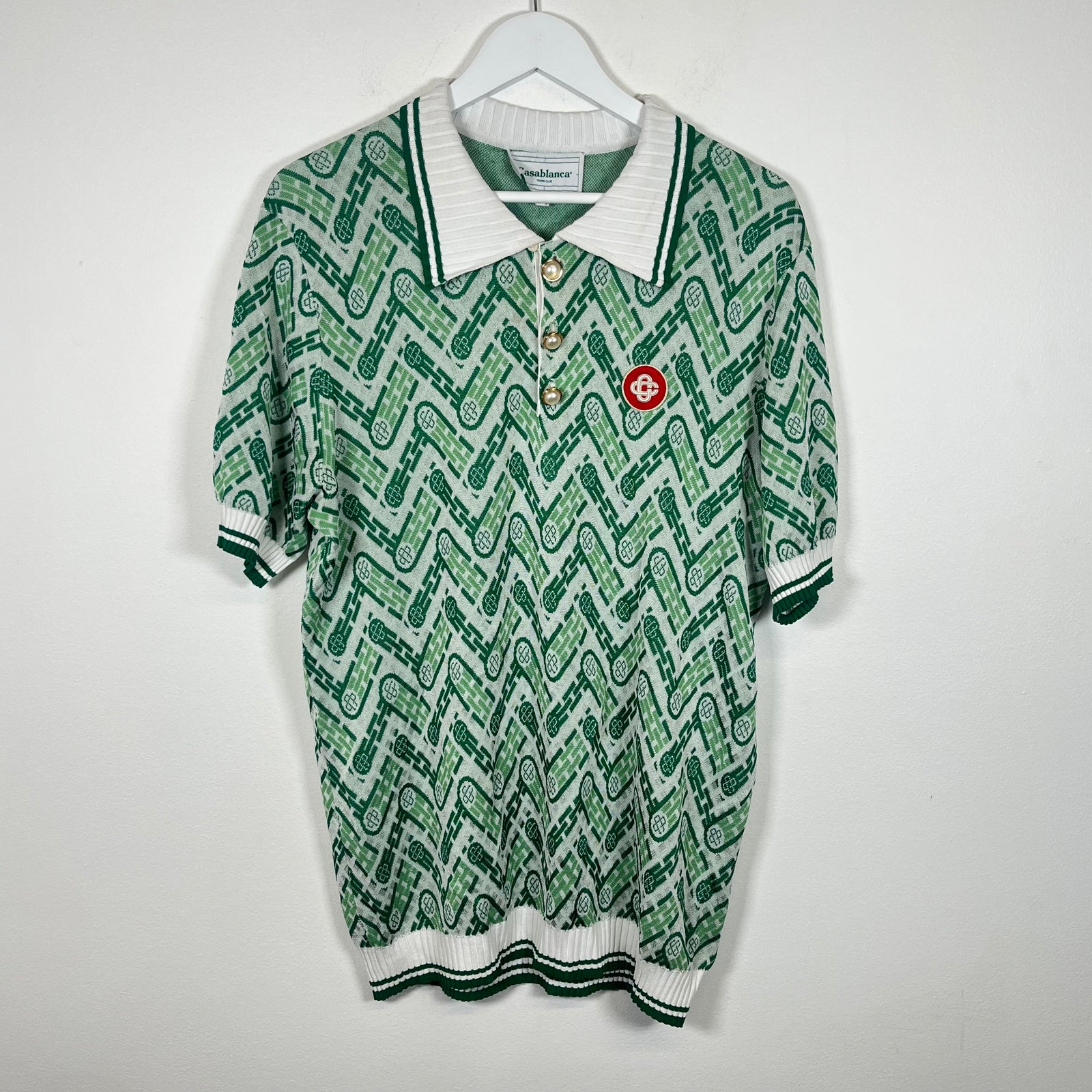 Casablanca Green Monogram Jacquard Knit Polo Size 2XL