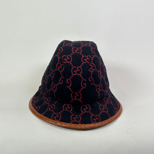 Gucci Navy/Red GG Supreme Monogram Wool Leather Bucket Hat