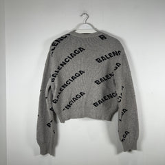 Balenciaga Wool Knit Grey All Over Logo Cropped Sweater Size M