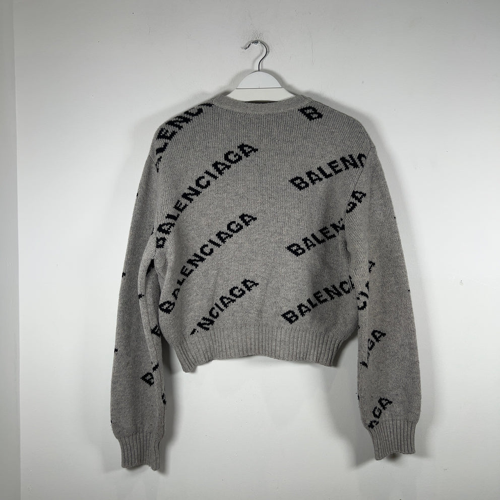 Balenciaga Wool Knit Grey All Over Logo Cropped Sweater Size M