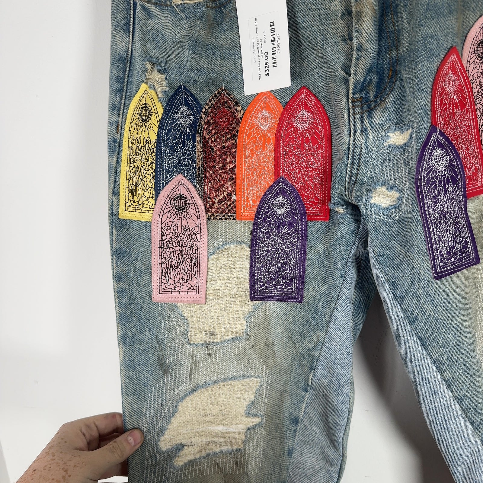 Who Decides War Multi-Logo Leather Patch Jeans Size 32