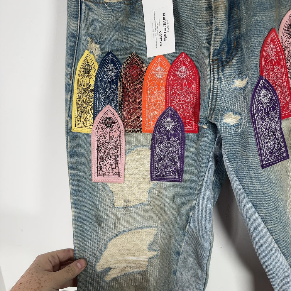 Who Decides War Multi-Logo Leather Patch Jeans Size 32