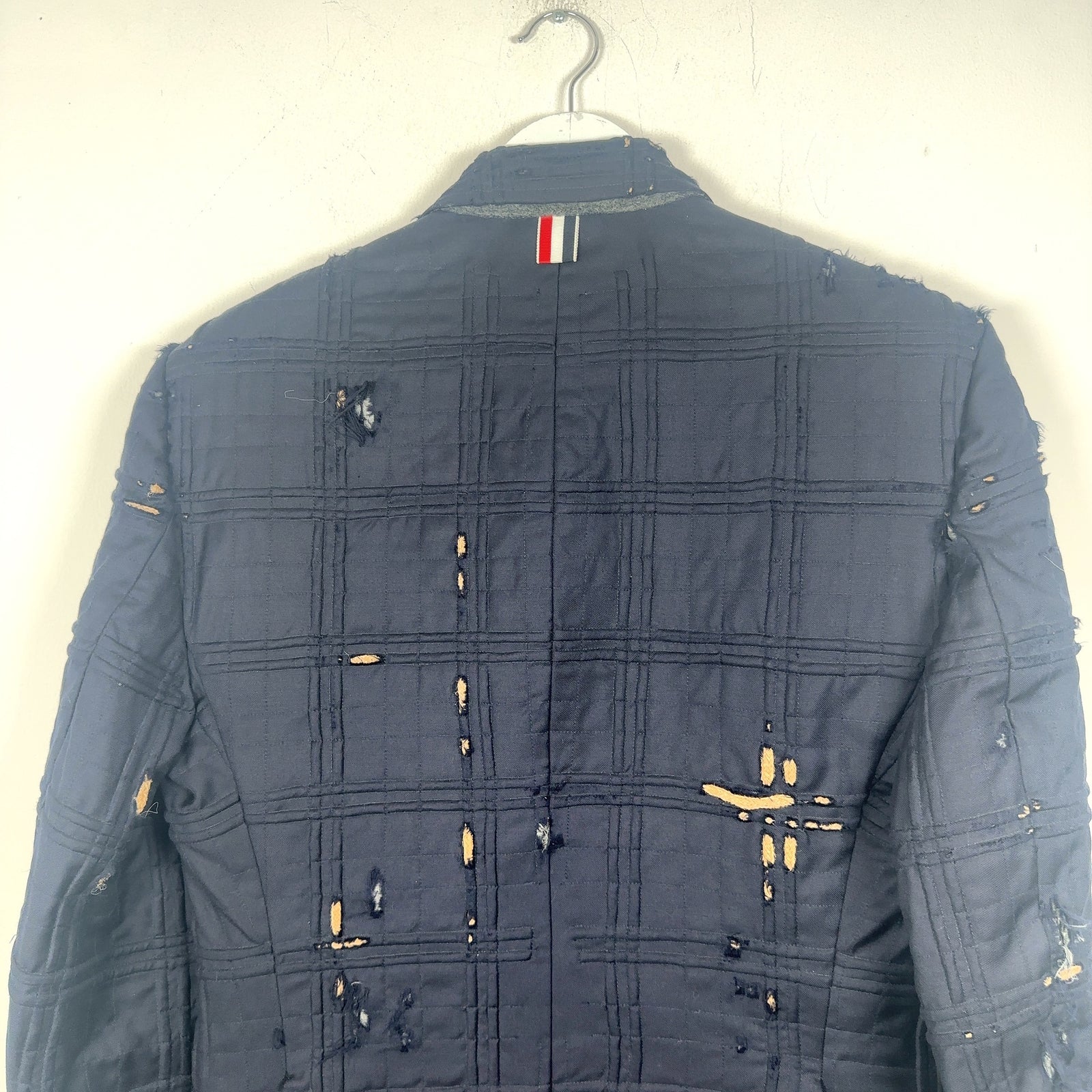 Thom Browne Tartan Check Embroidery Distressed Blazer