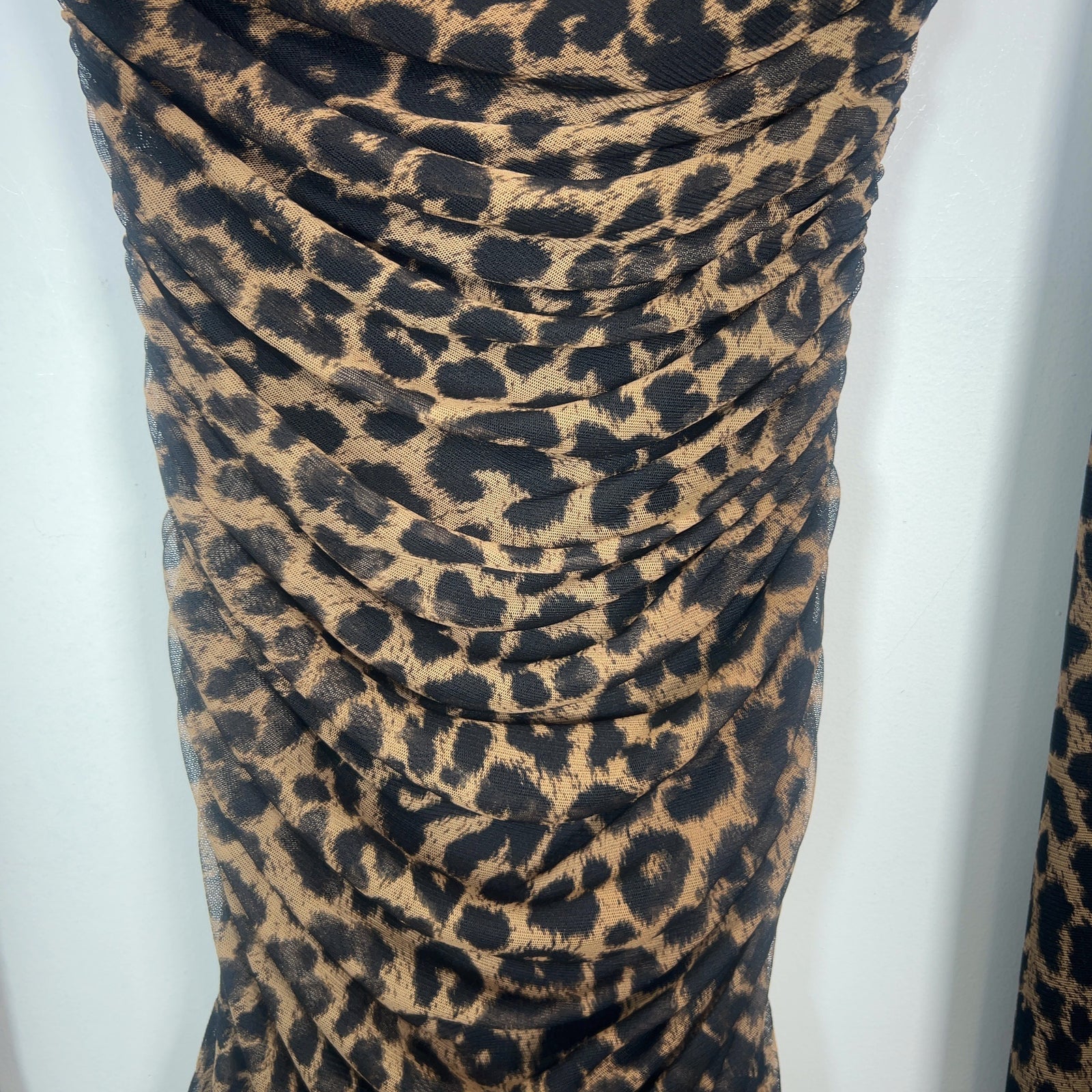 Saint Laurent Leopard Printed Ruched Mesh Mini Dress