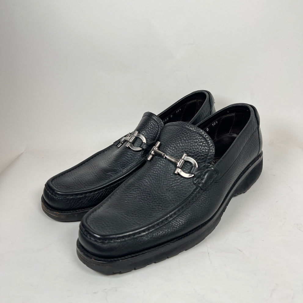 Ferragamo Black Square Toe Leather Loafers Size 10.5