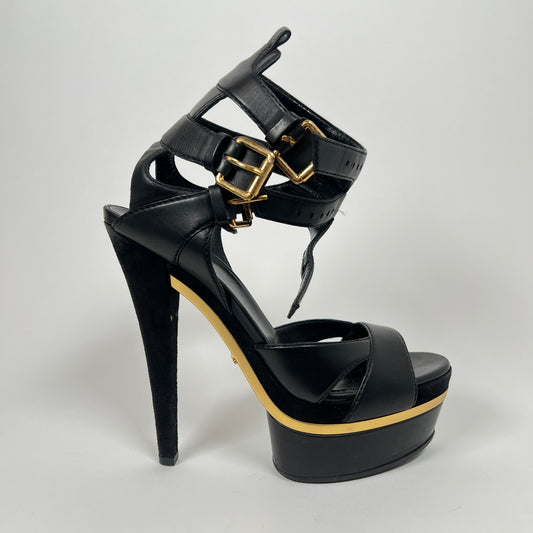 Gucci Black/Gold Lifford Platform Sandal Heels Size 38.5