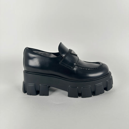 Prada Black Monolith Brushed Leather Loafers Size 37
