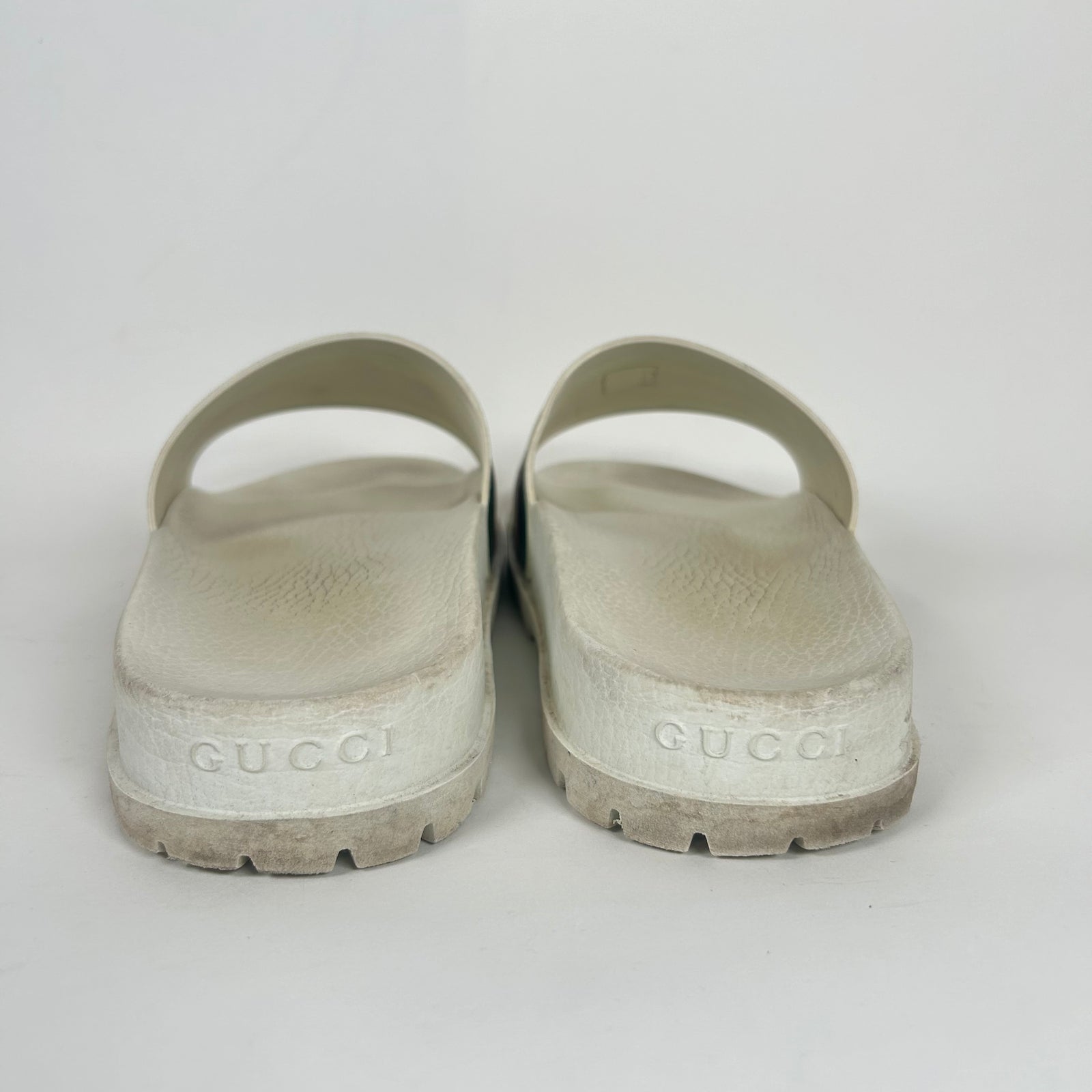 Gucci White Signature Stripe Slides Size 14