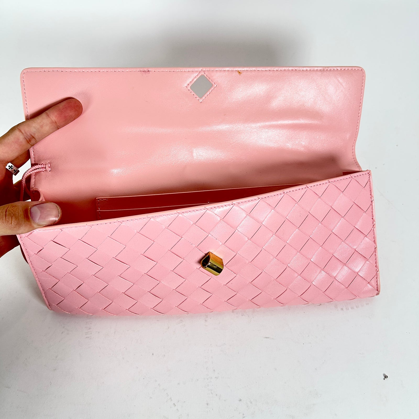 Bottega Veneta Pink Andiamo Intrecciato Leather Clutch