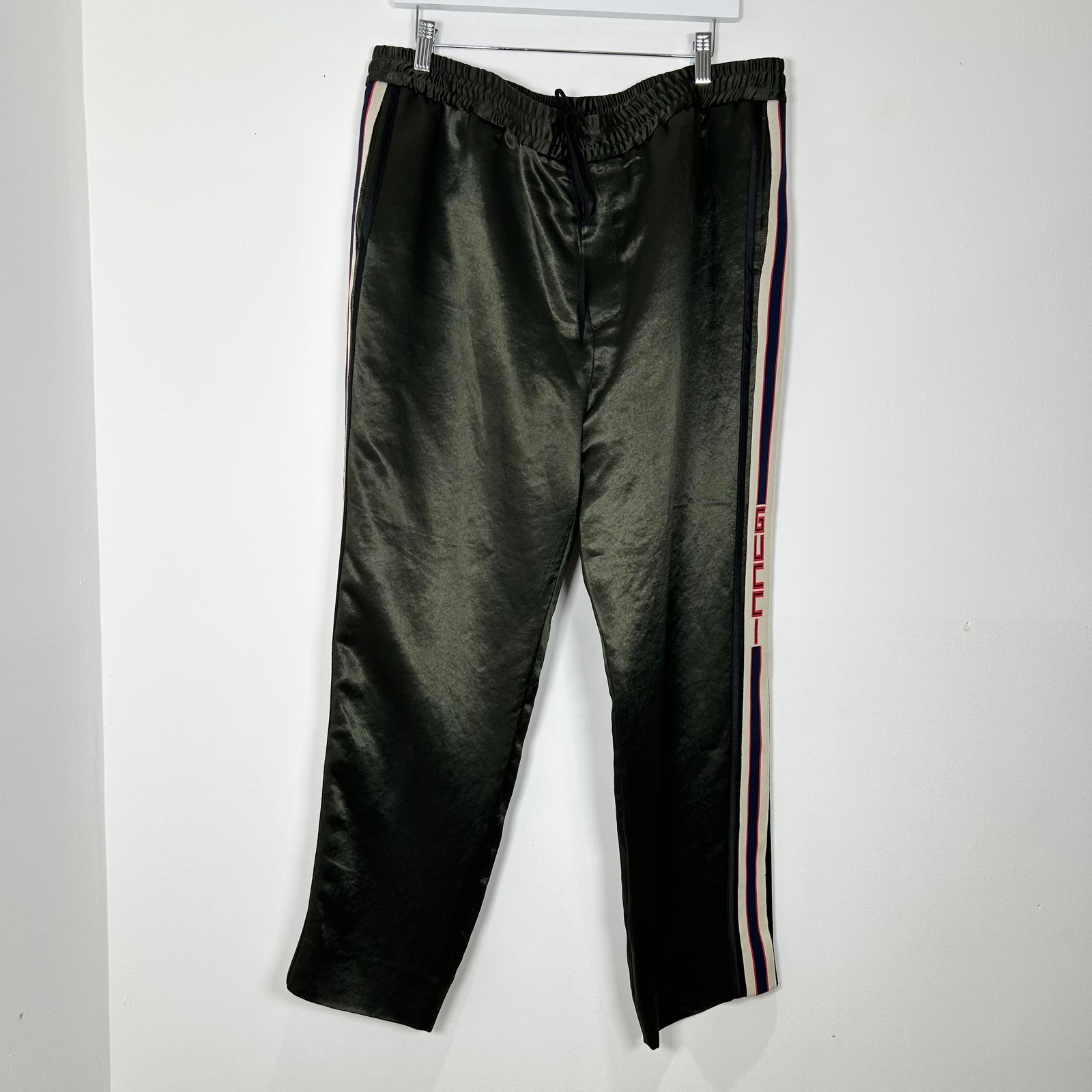 Gucci Olive Satin Side Stripe Logo Sweatpants Size XL
