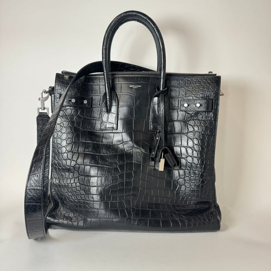 Saint Laurent Black Crocodile Embossed Large Tote Bag