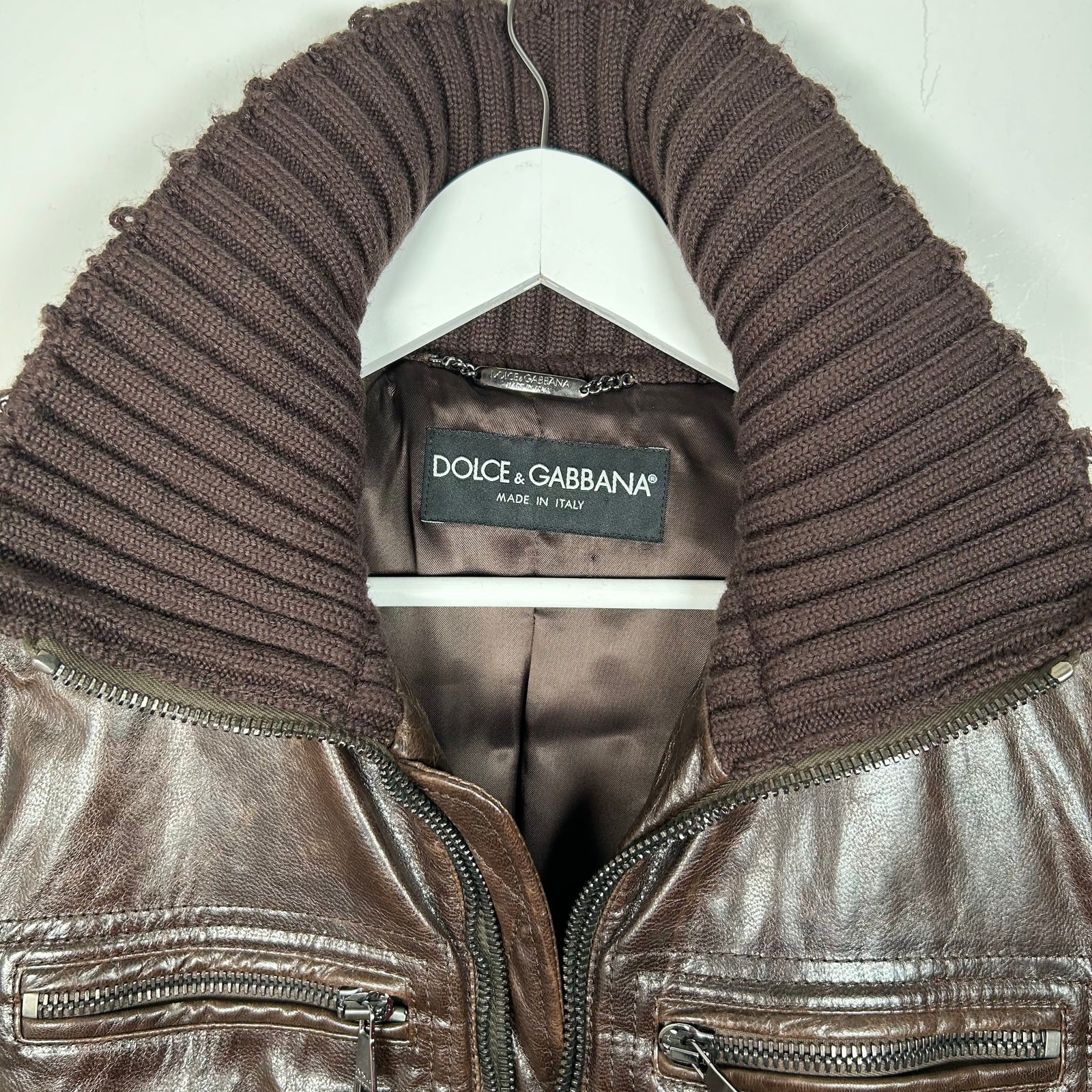 Dolce & Gabbana Brown Multi-Zip Distressed Leather Jacket Size 50