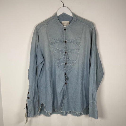 Greg Lauren 'Blue Stuidio Shirt With Mixed Bib' Button Up Shirt Size L