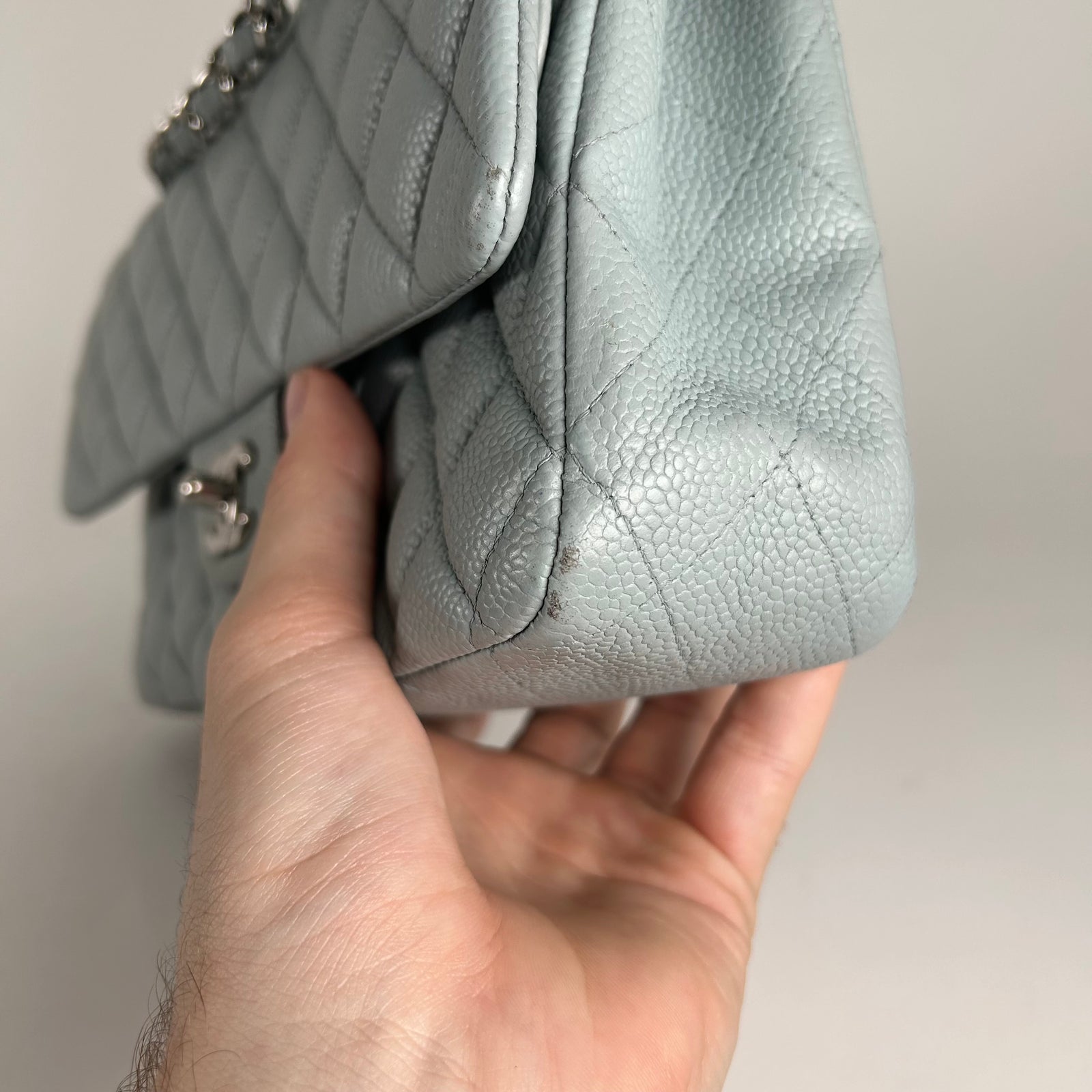 Chanel Light Baby Blue Quilted Caviar Medium Double Flap