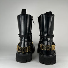 Moschino Logo Harnes Lug Sole Combat Boots Size 42