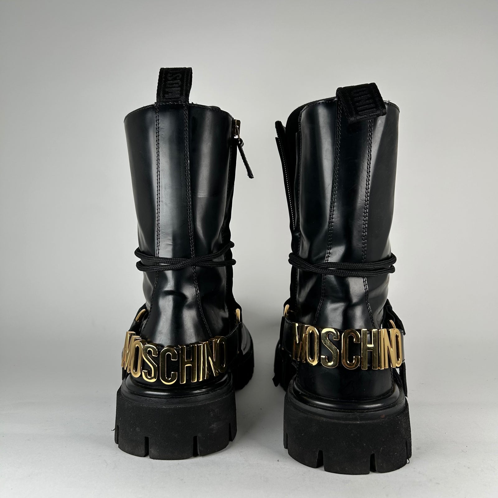 Moschino Logo Harnes Lug Sole Combat Boots Size 42