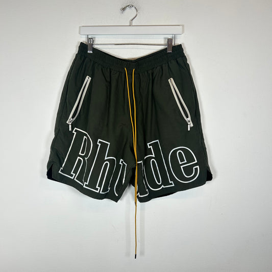 Rhude Olive Logo Nylon Shorts Size XXL
