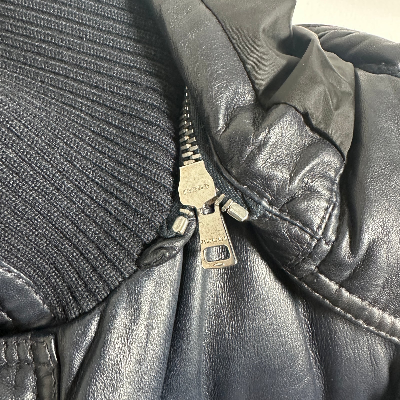 Gucci Vintage Navy Leather Puffer Jacket Size L