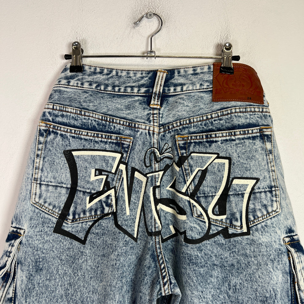 Evisu Acid Wash Graffiti Cargo Jeans