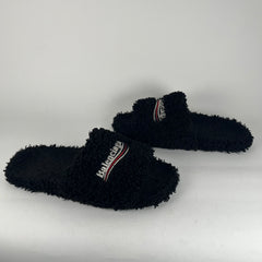 Balenciaga Black Campaign Logo Fur Slides Size 11