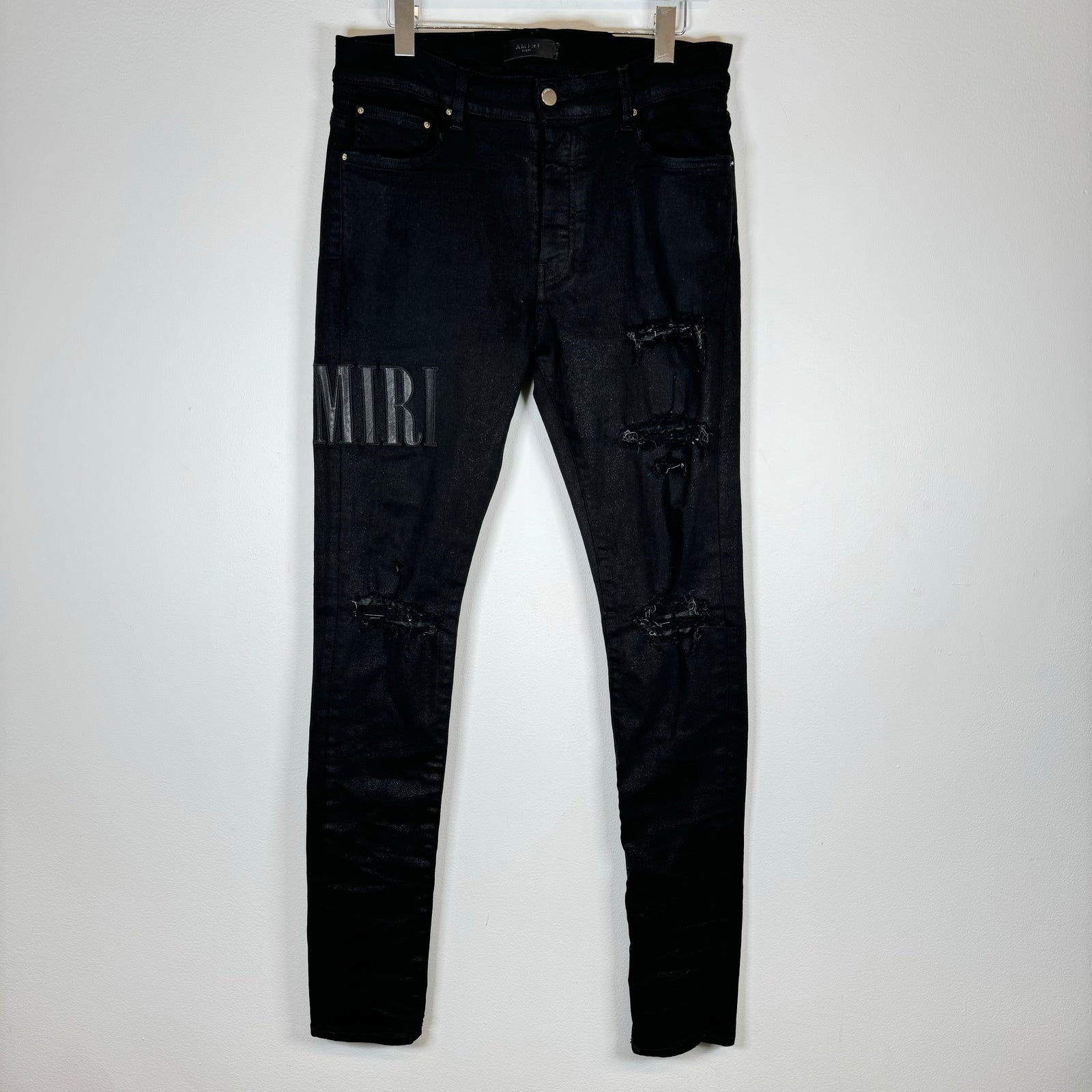 Amiri Black MX1 Embroidered Leather Logo Denim Jeans Size 33
