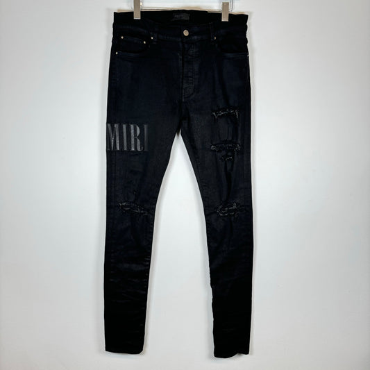 Amiri Black MX1 Embroidered Leather Logo Denim Jeans Size 33