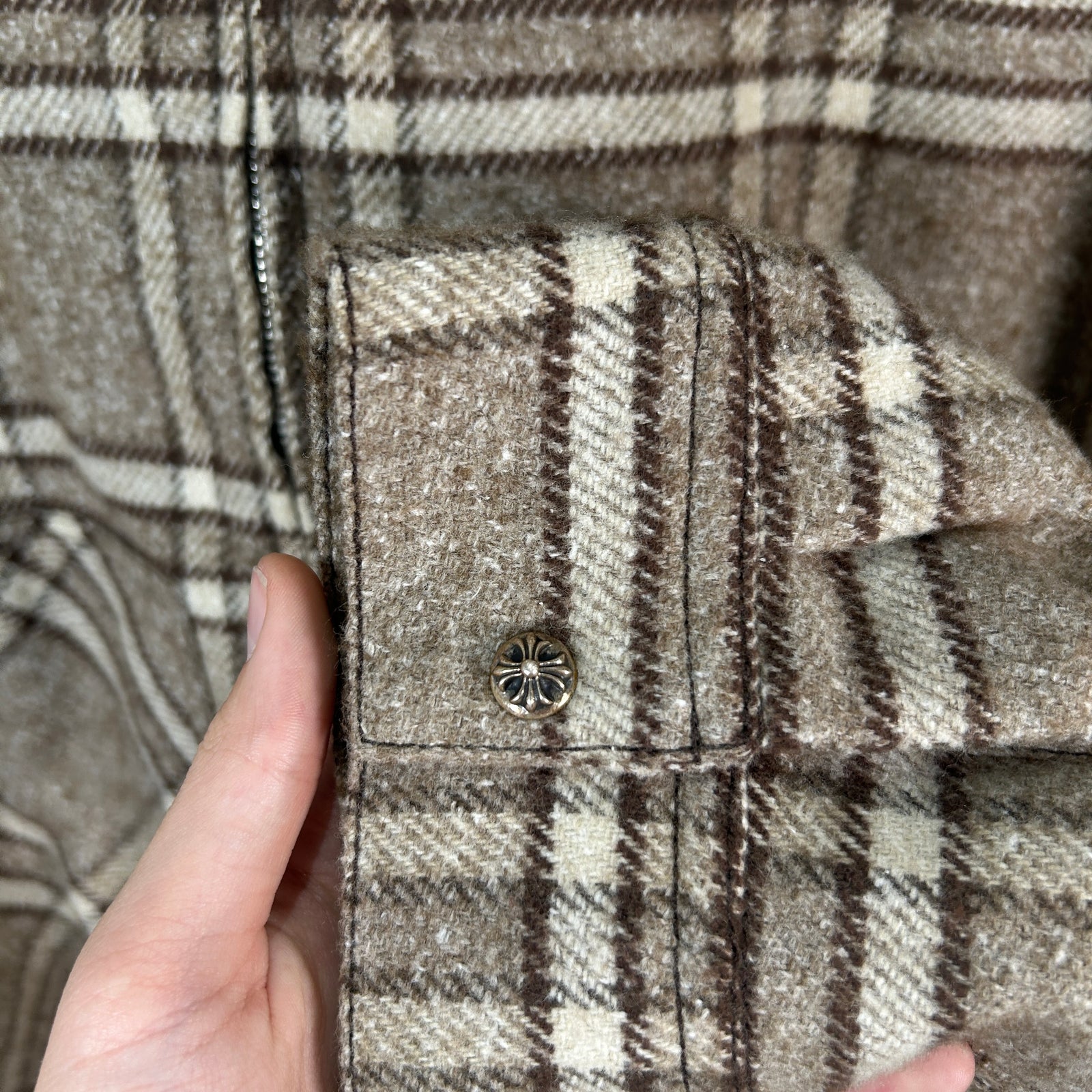 Chrome Hearts Beige & Brown Plaid Sherling Flannel Jacket Size XL