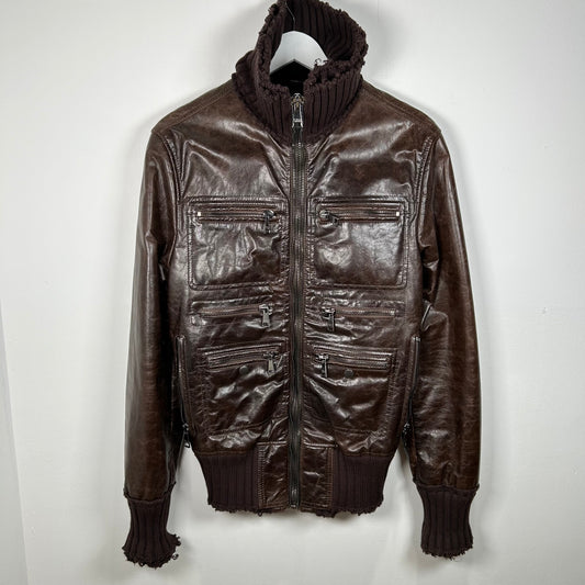 Dolce & Gabbana Brown Multi-Zip Distressed Leather Jacket Size 50