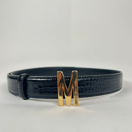 Moschino Black/Gold Crocodile Leather Belt Size 44