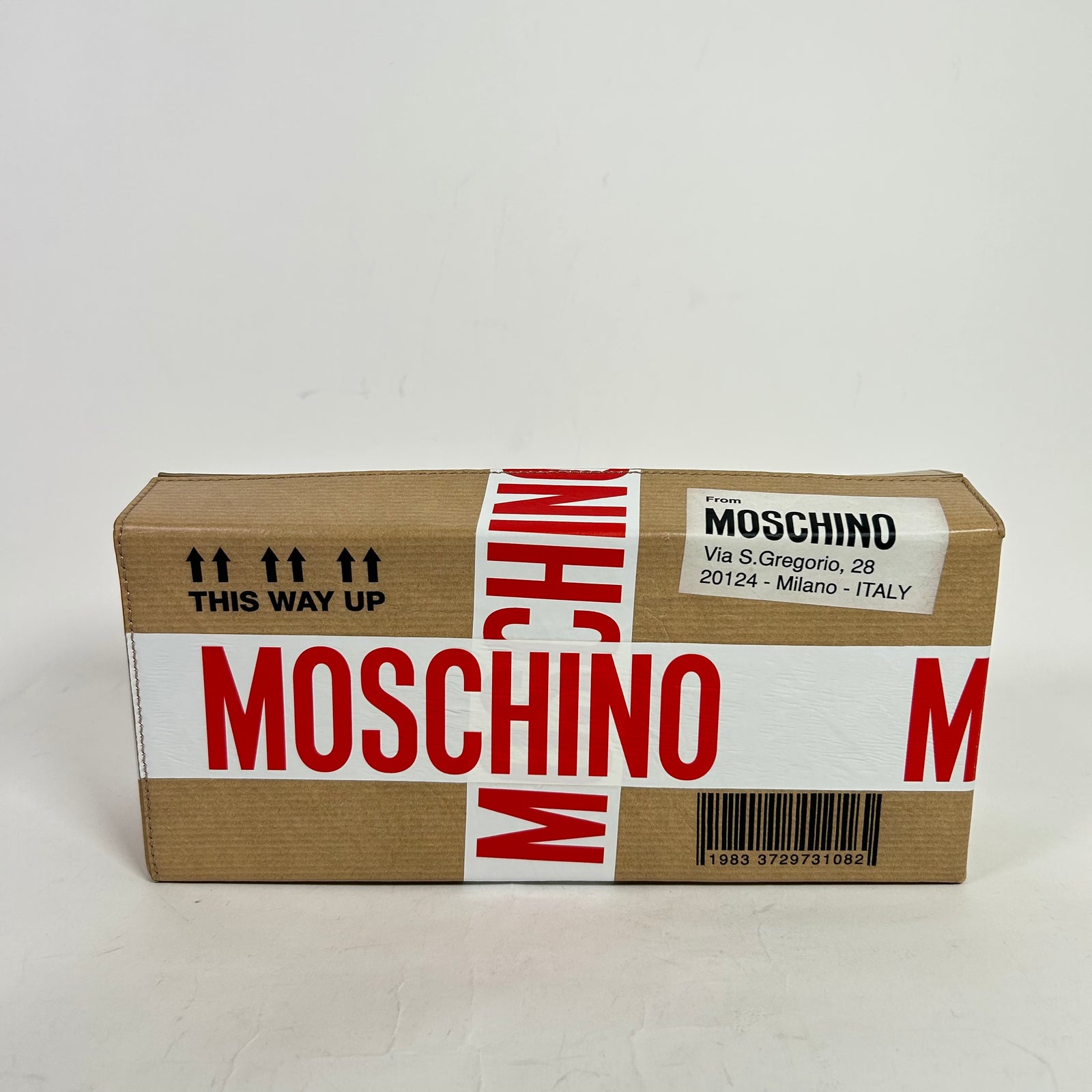 Moschino SS26 Shipping Box Clutch Bag