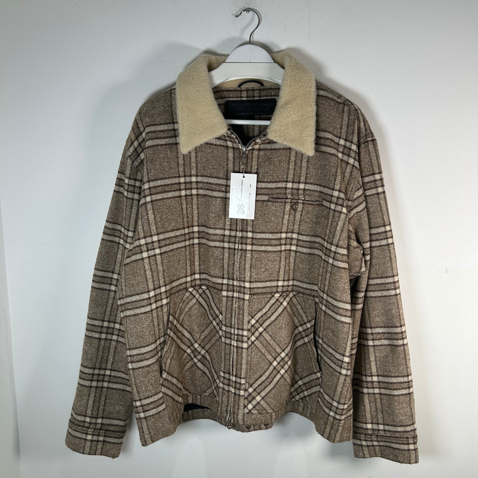 Chrome Hearts Beige & Brown Plaid Sherling Flannel Jacket Size XL