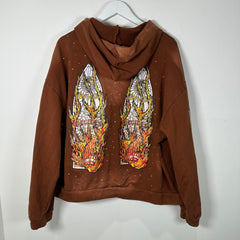Who Decides War Flame Stained Glass Rhinestone Brown Hoodie Size L