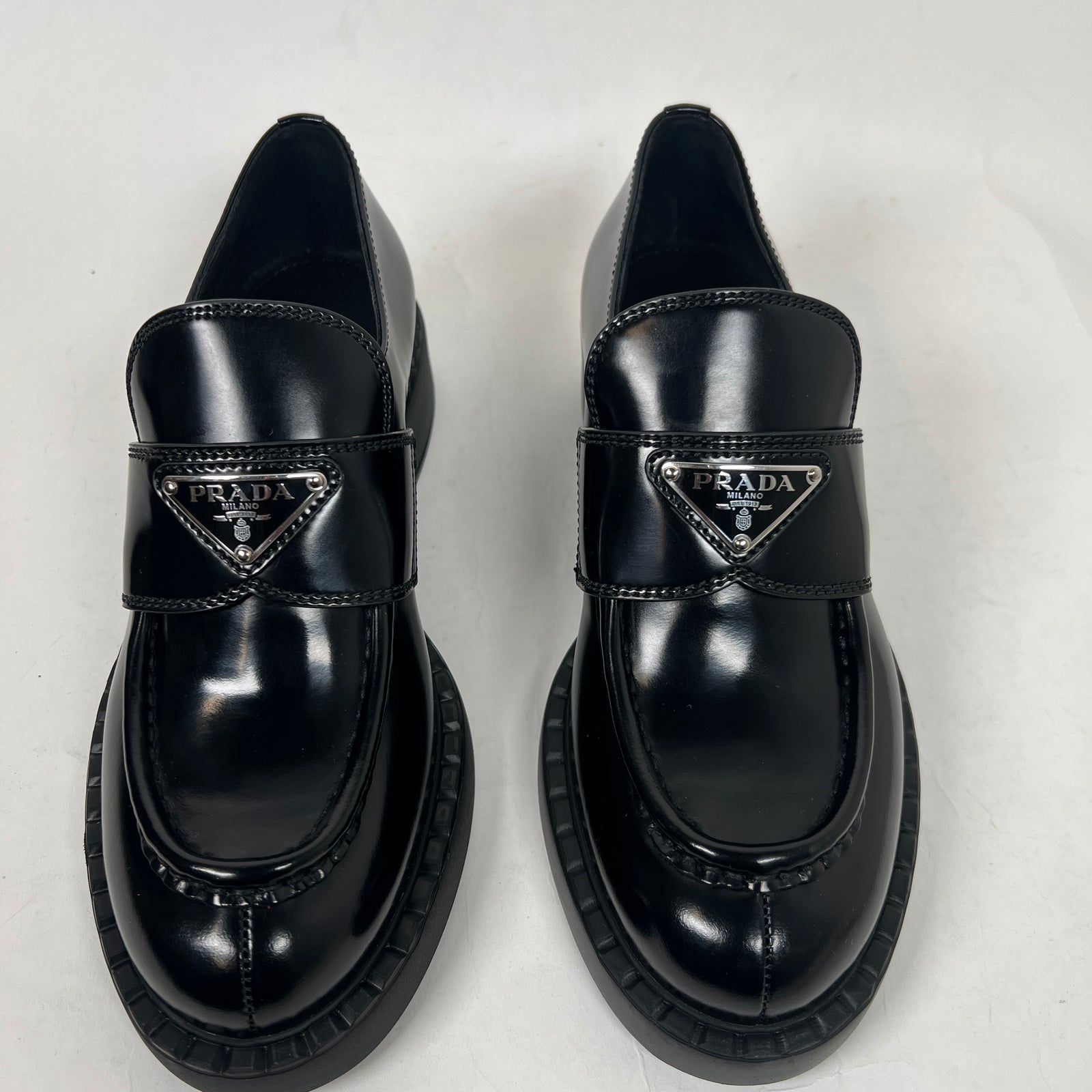 Prada Black Chocolate Triangle Logo Loafers Size 36