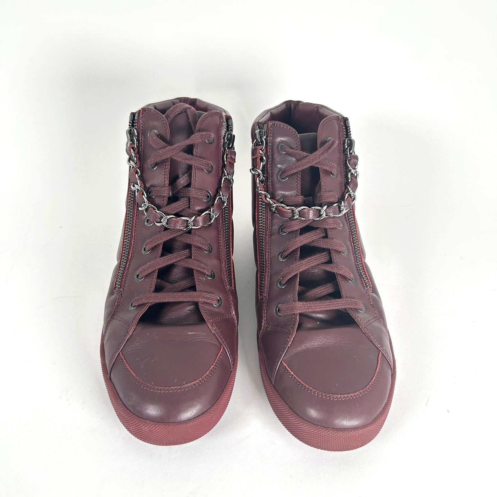 Chanel Burgundy 'CC' Lambskin Hightop Sneakers Size 43