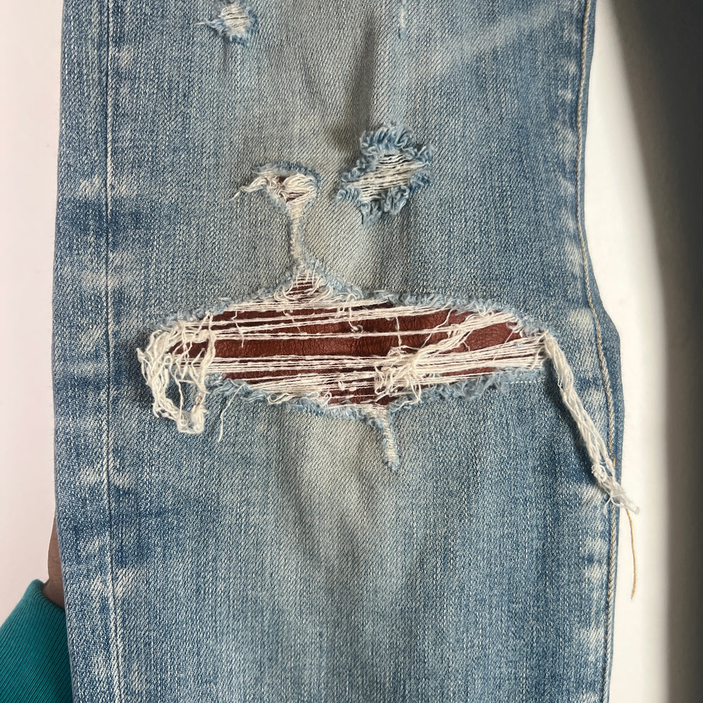 Amiri Clay Indigo Leather Stitch Logo Jeans Size 33