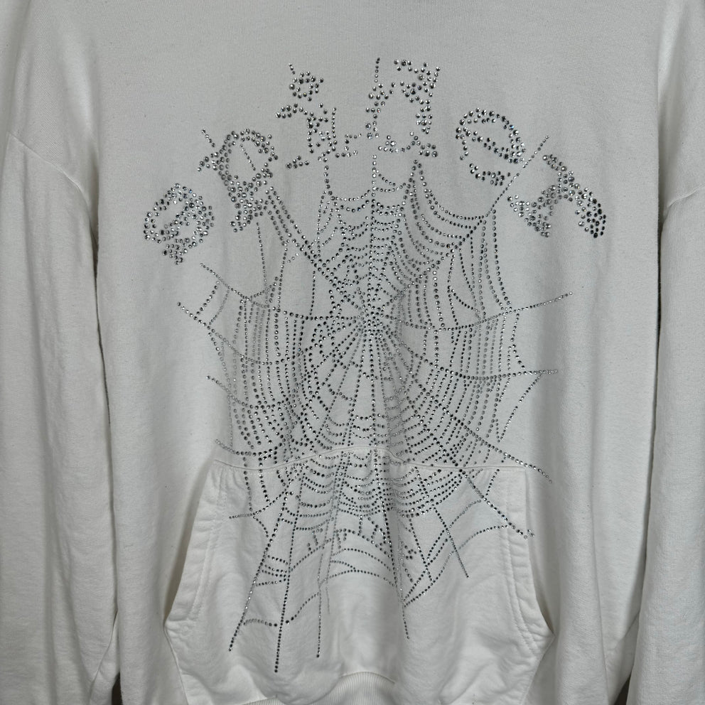 Sp5der White Rhinestone Hoodie Size M