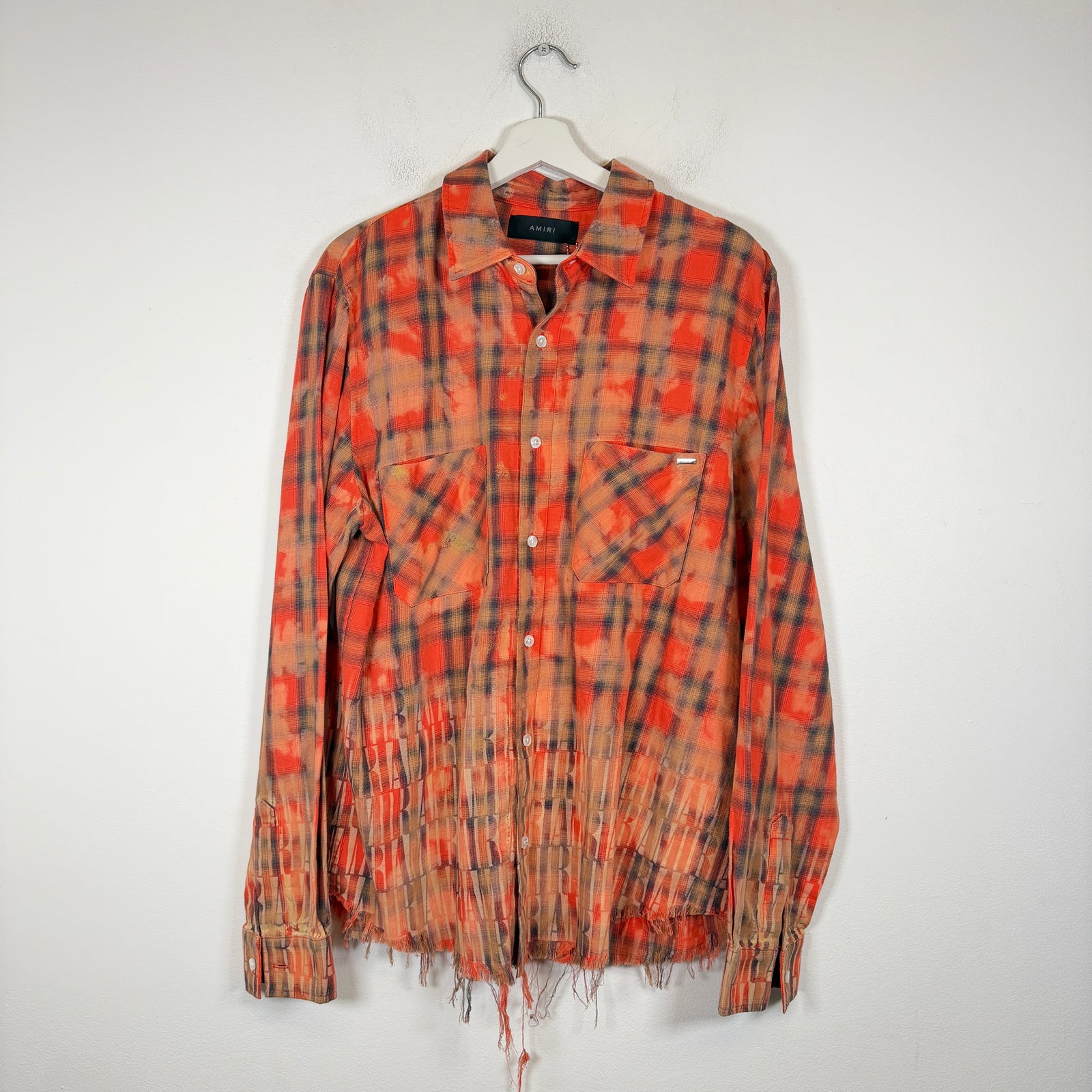 Amiri Orange Bleached Distressed Logo Flannel Shirt Size L