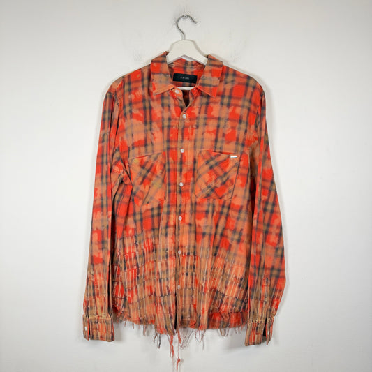 Amiri Orange Bleached Distressed Logo Flannel Shirt Size L
