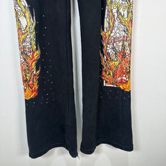 Who Decides War Flame Stained Glass Rhinestone Black Sweatpants Size L