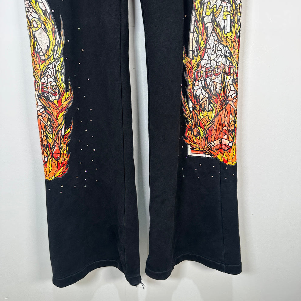 Who Decides War Flame Stained Glass Rhinestone Black Sweatpants Size L
