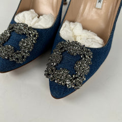 Manolo Blahnik Hangisi Jewel Buckle Denim Pumps Size 37.5