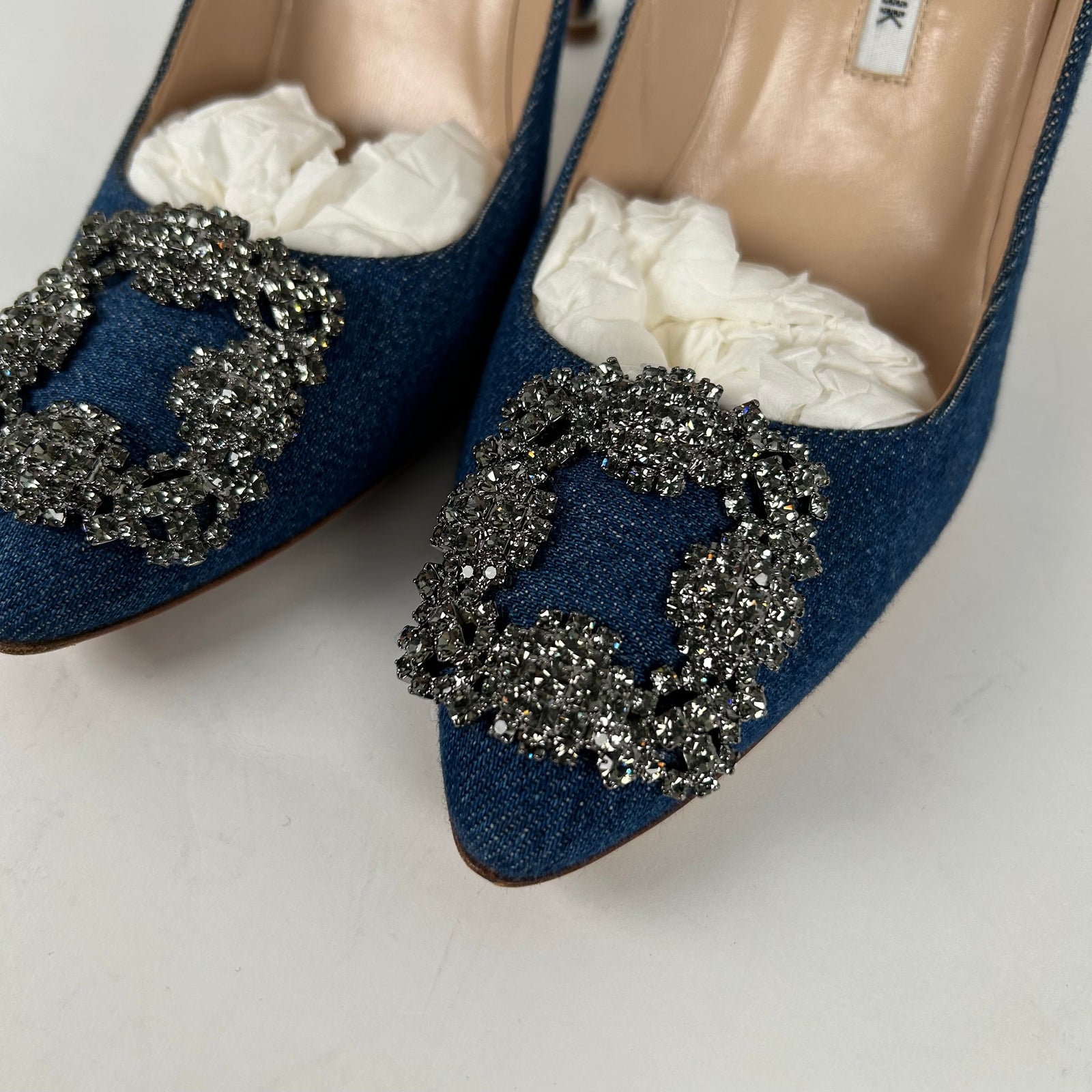 Manolo Blahnik Hangisi Jewel Buckle Denim Pumps Size 37.5