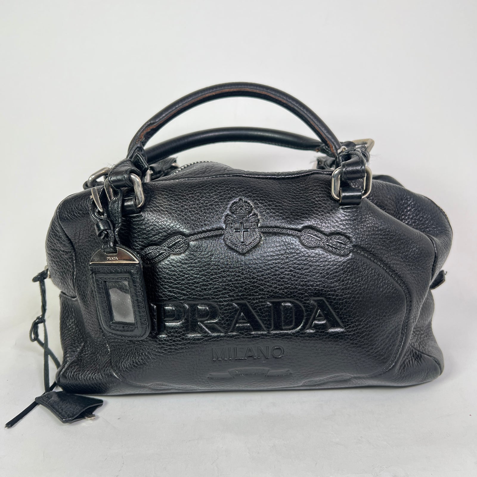 Prada Vintage Pebbled Leather Embossed Bauletto Bag