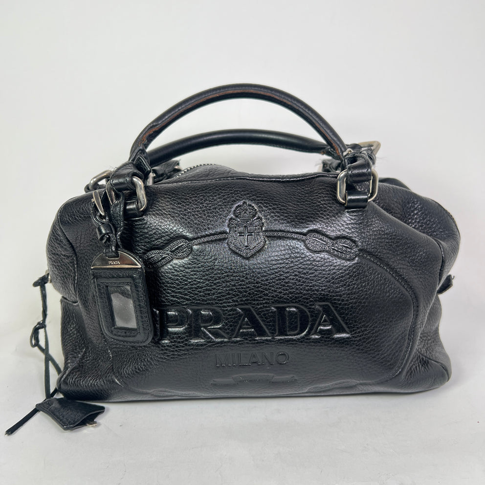 Prada Vintage Pebbled Leather Embossed Bauletto Bag