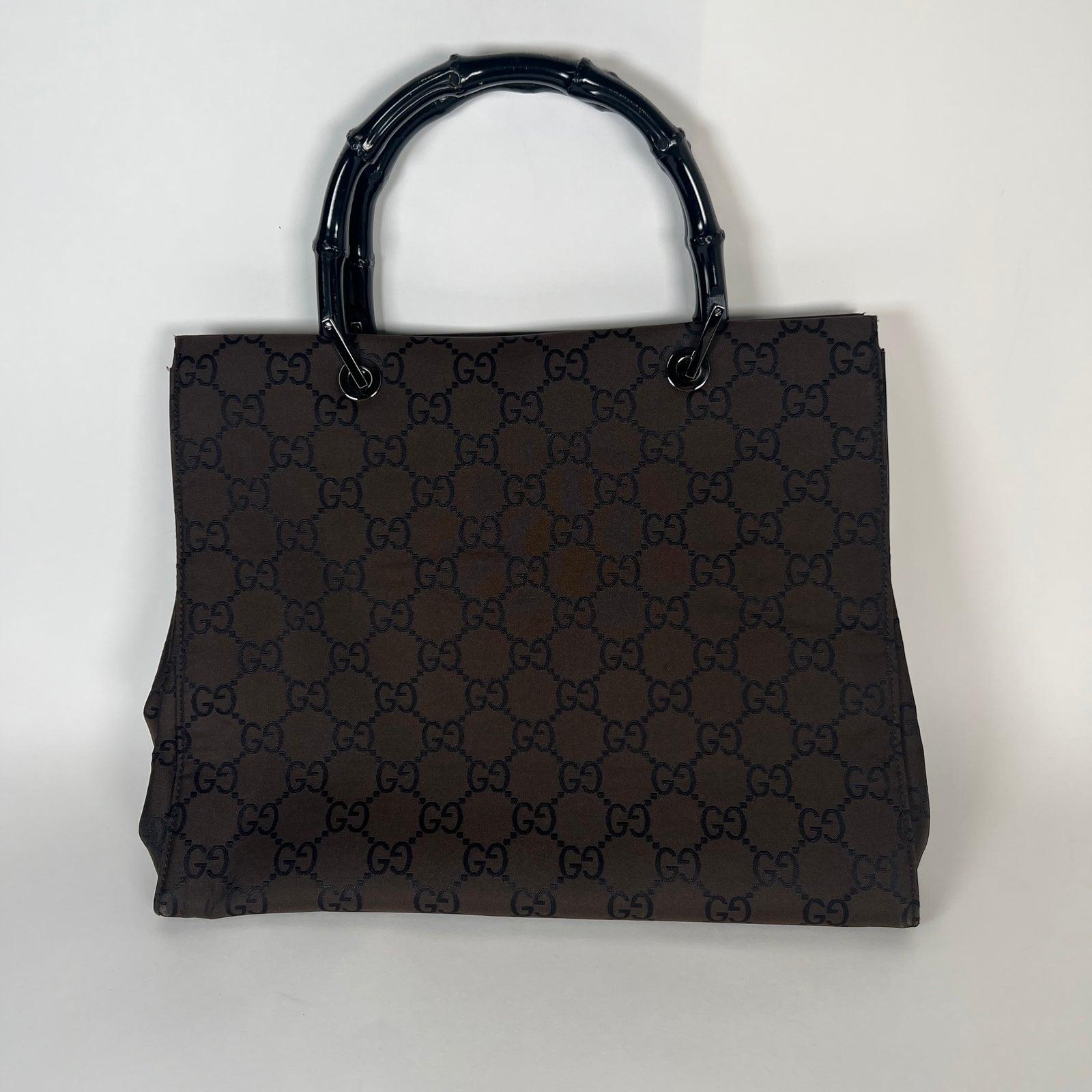 Gucci Vintage Bamboo Handle Brown GG Monogram Nylon Tote